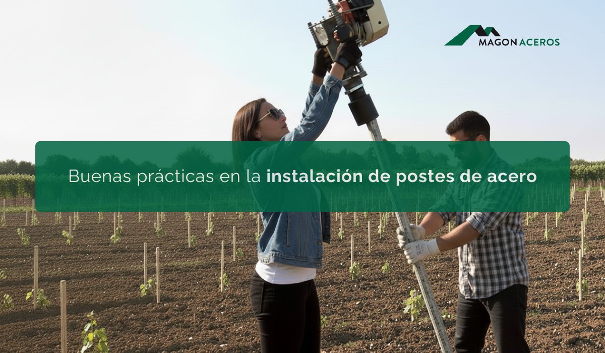 Instalación de postes de acero en viñedo